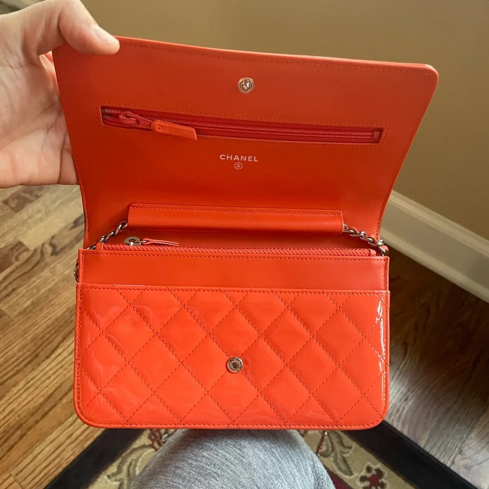 CHANEL Orange Quilted Patent Leather Crossbody Bag